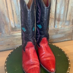 Vintage Hunt Club Western Boots - Size 9M- Cowboy Heel- Leather- Red/Multi